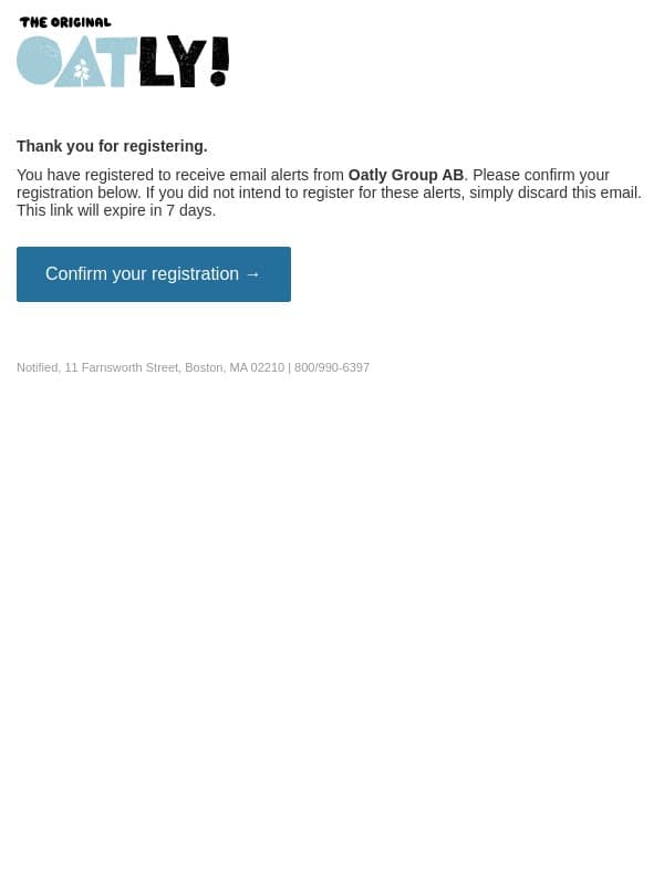 Please confirm your email alert subscriptions for Oatly Group AB email from Oatly screenshot