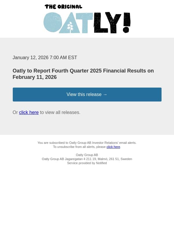 Oatly to Report Fourth Quarter 2025 Financial Results on February 11, 2026 email from Oatly screenshot