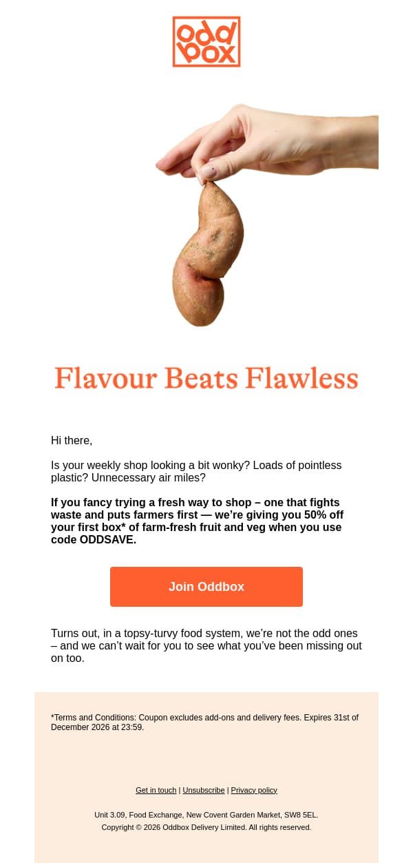 Farm-fresh fruit & veg with 50% off? email from Oddbox screenshot