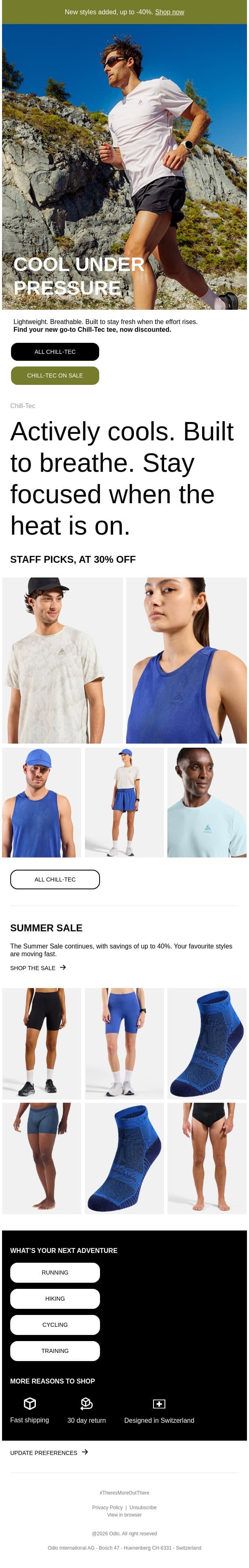 Chill-Tec tees. Built for efforts in high temps. email from Odlo screenshot