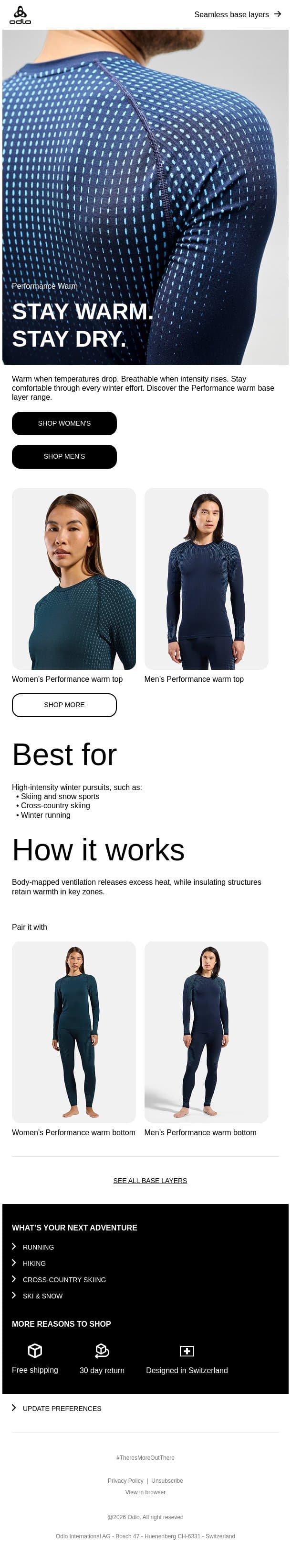 Lightweight warmth for winter pursuits email from Odlo screenshot