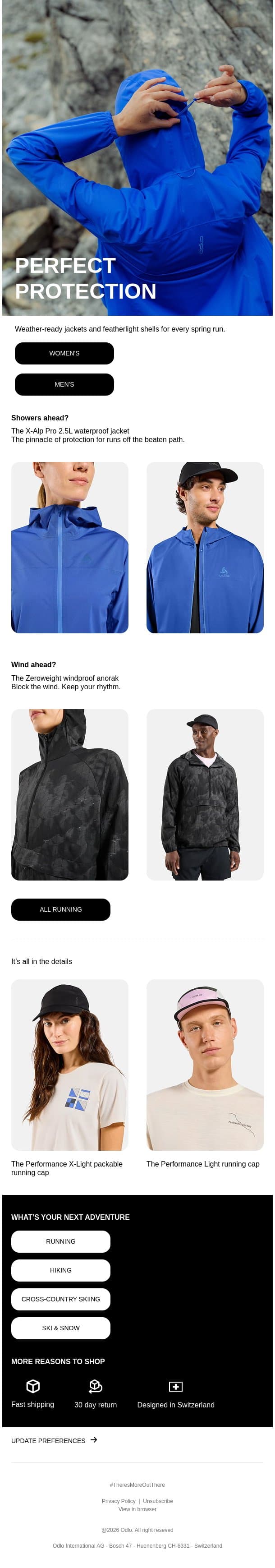 Light. Fast. Weather-ready runs email from Odlo screenshot