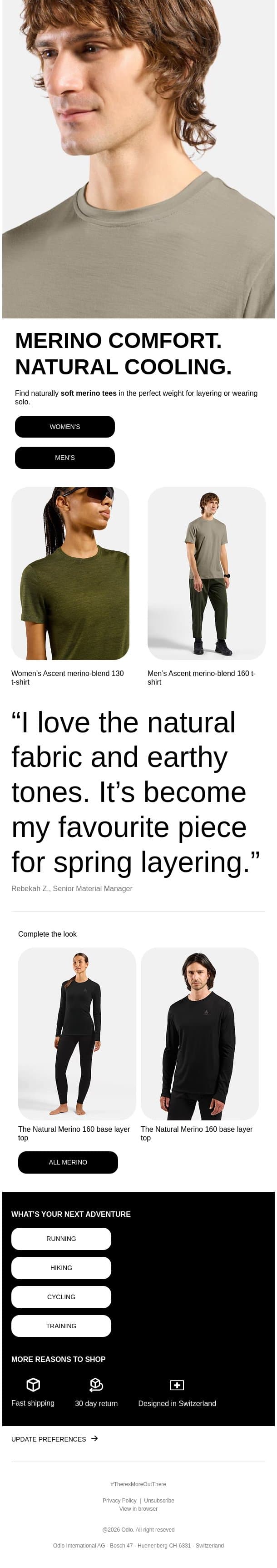 Soft, breathable merino tees for in-between seasons email from Odlo screenshot