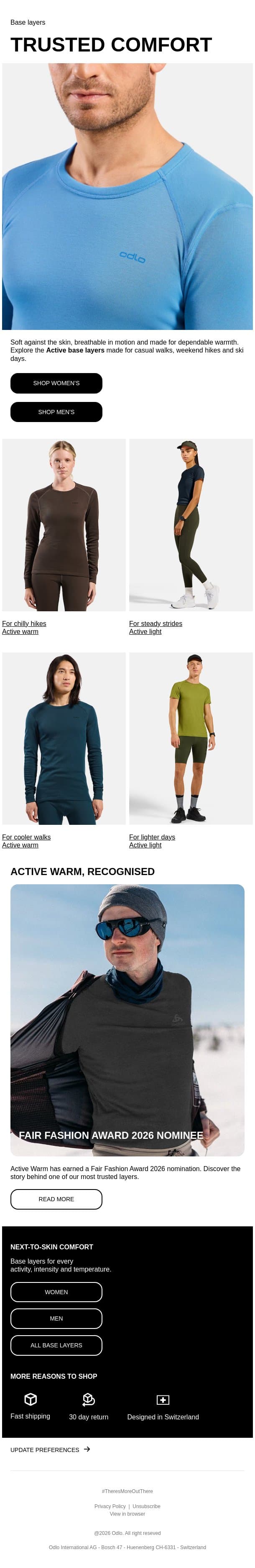 Our most trusted base layer, season after season email from Odlo screenshot