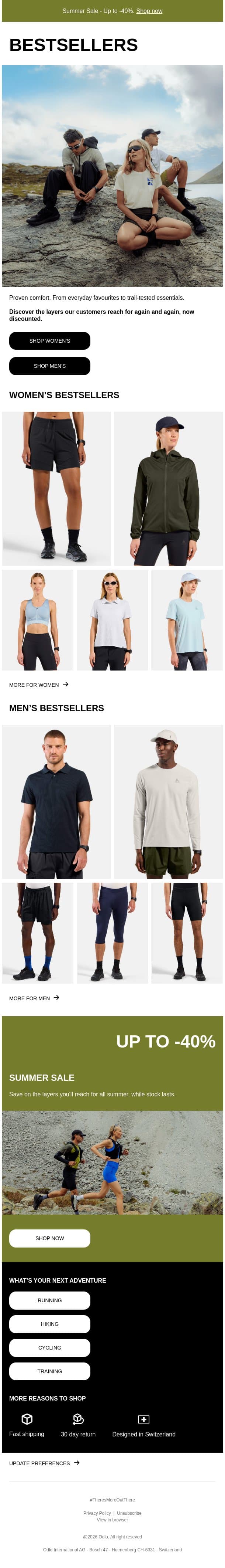 Bestsellers: No guesswork. Just gear that works. email from Odlo screenshot