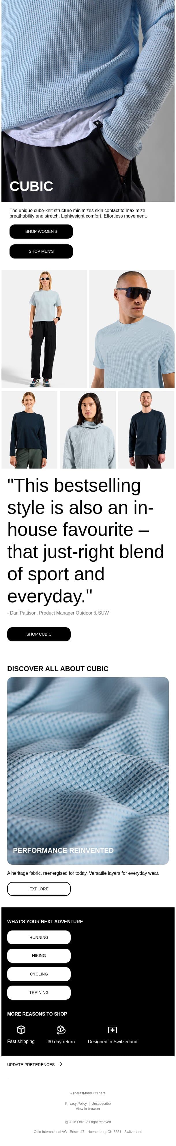 Discover Cubic tees & mid layers email from Odlo screenshot