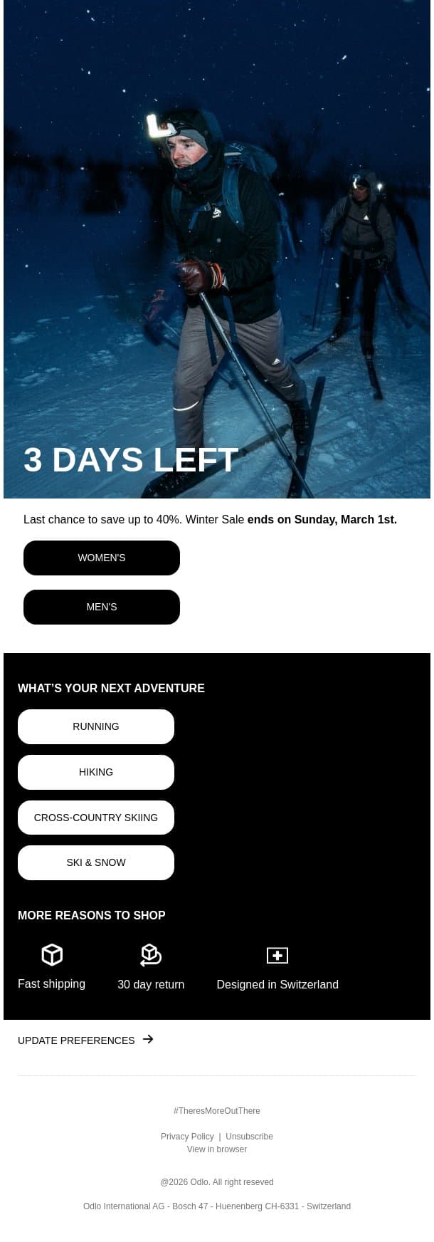 Up to 40% off – ends Sunday email from Odlo screenshot