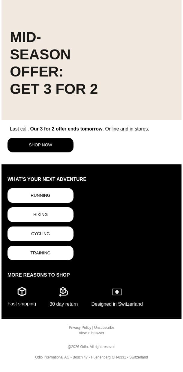 Ends tomorrow: 3 for 2 offer. email from Odlo screenshot
