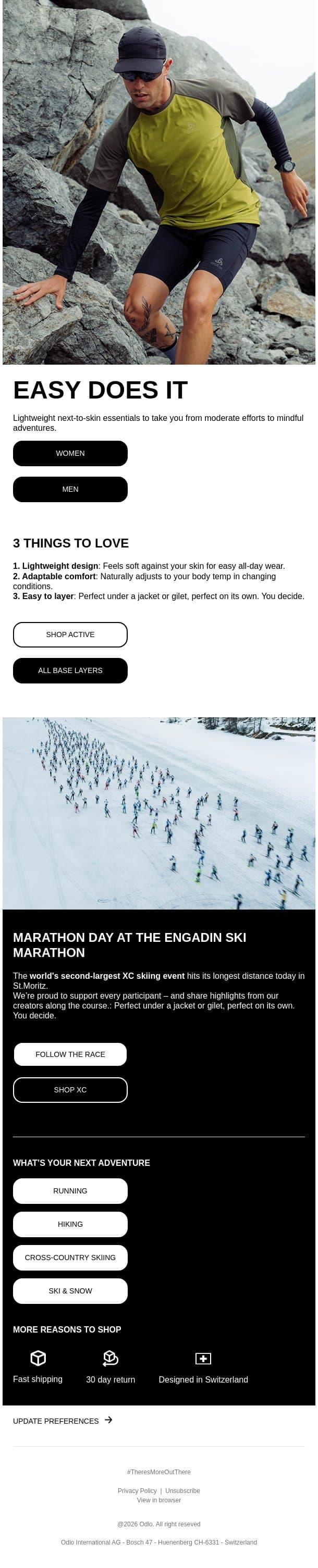 Easy does it: Minimalist base layers for mindful adventures email from Odlo screenshot