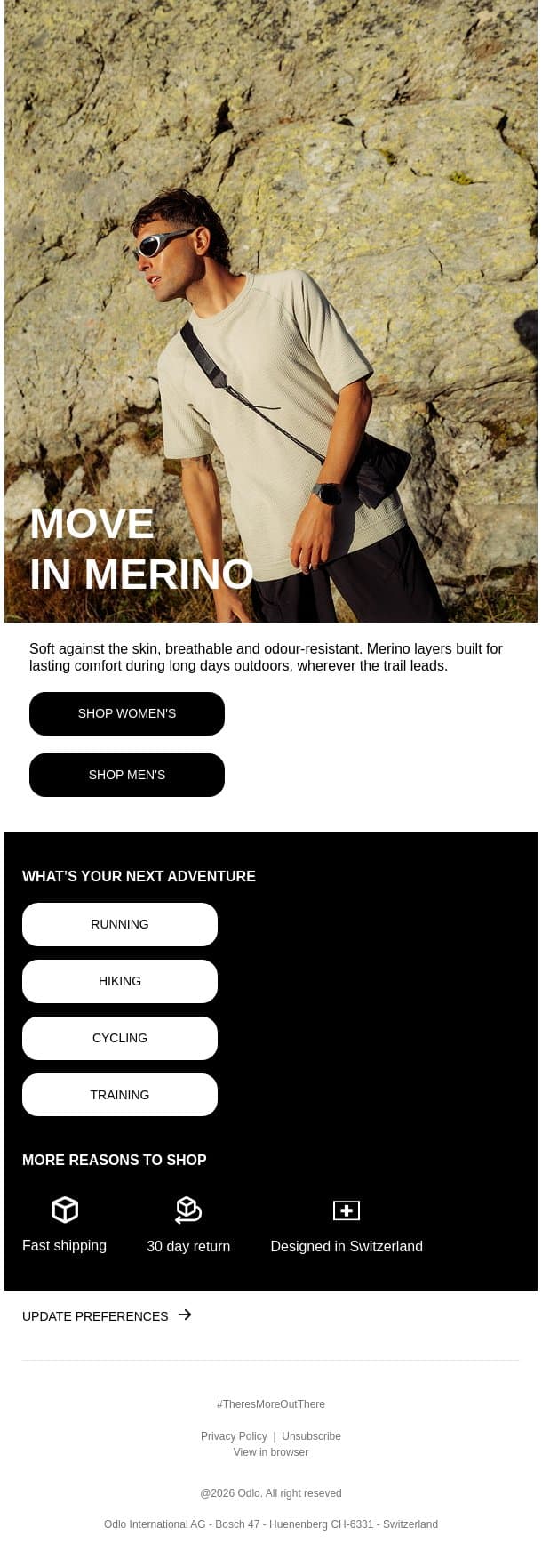 Merino comfort for summer heat. email from Odlo screenshot