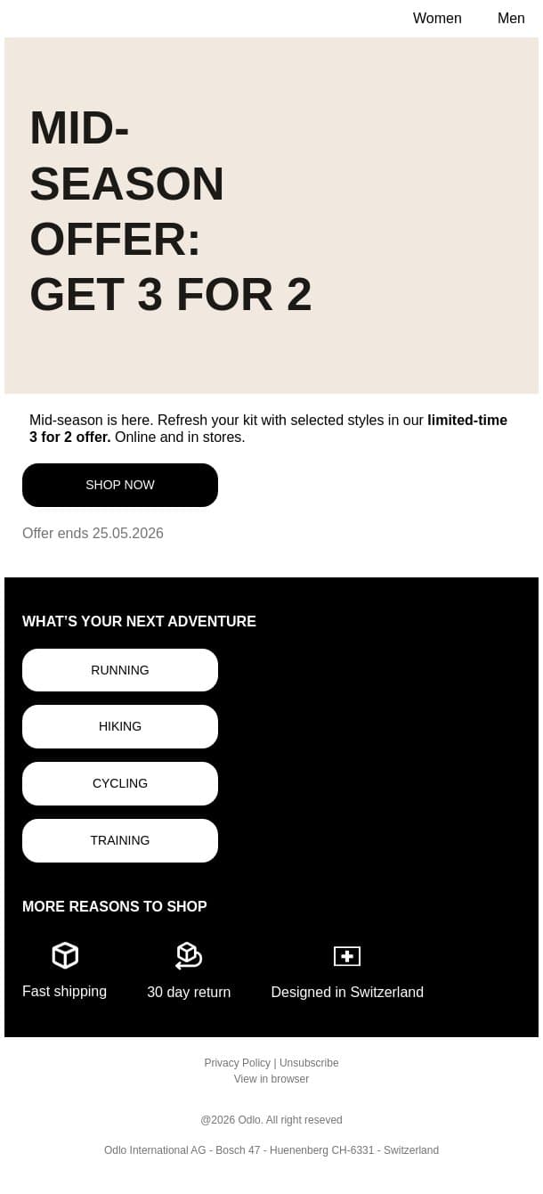 Mid-Season Offer: Get 3 for 2 email from Odlo screenshot