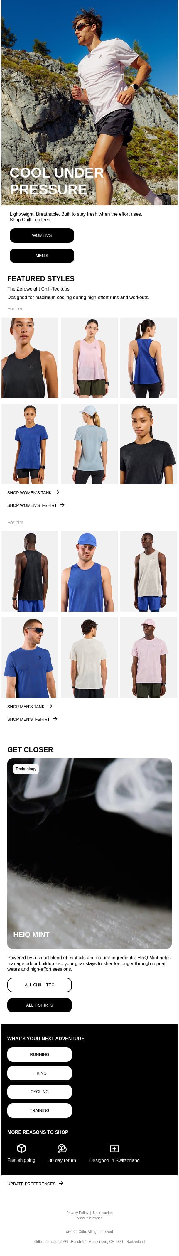 Chill-Tec tees: lightweight performance in high temps email from Odlo screenshot