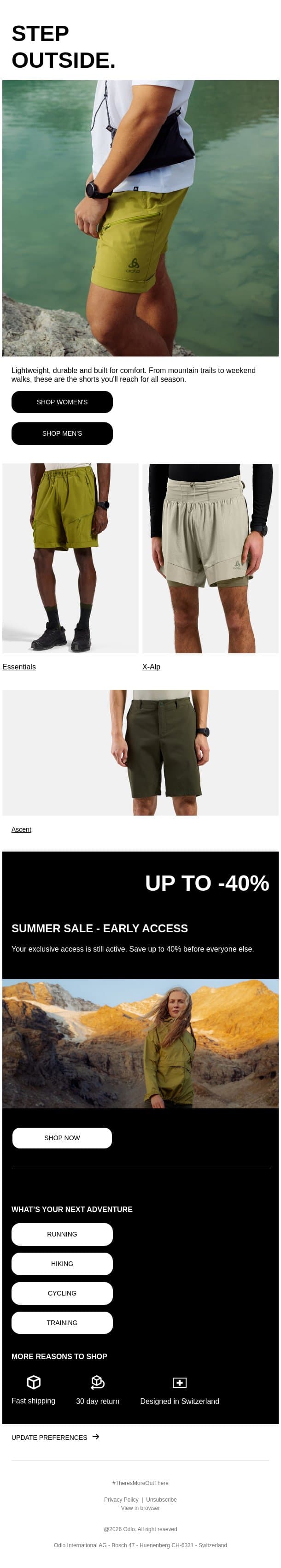 Your new favourite hiking shorts. email from Odlo screenshot