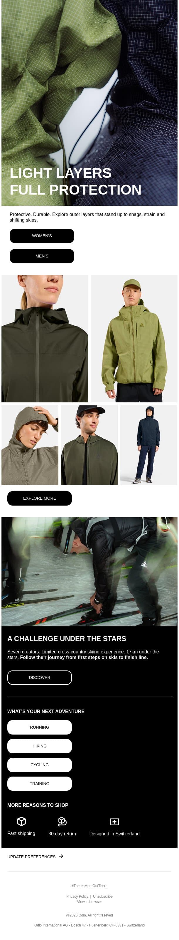 Ready for shifting skies: protective jackets email from Odlo screenshot