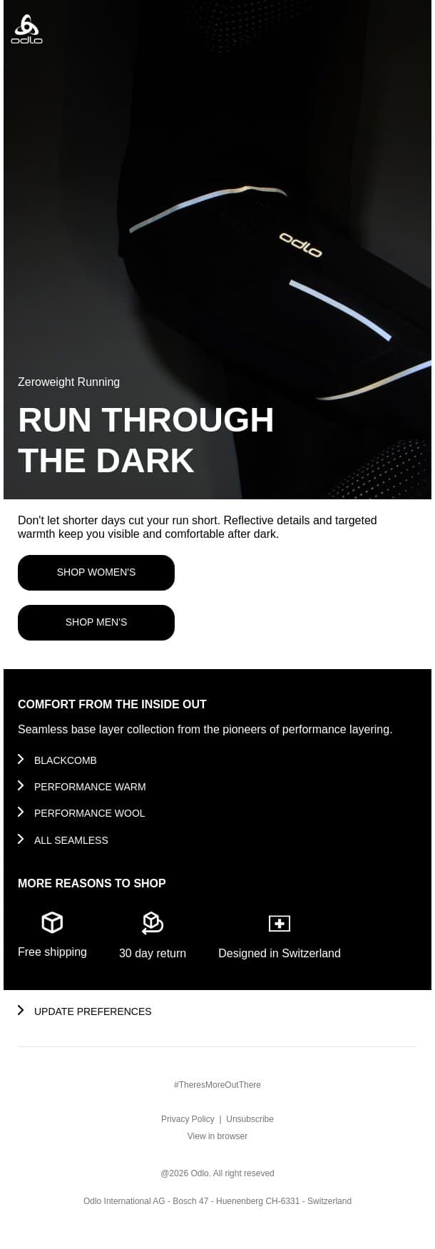 Built for cold, dark winter runs email from Odlo screenshot