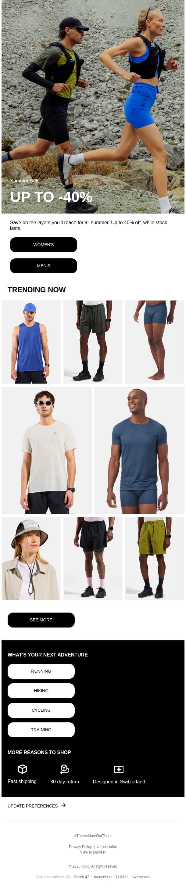Summer essentials. Now up to 40% off. email from Odlo screenshot