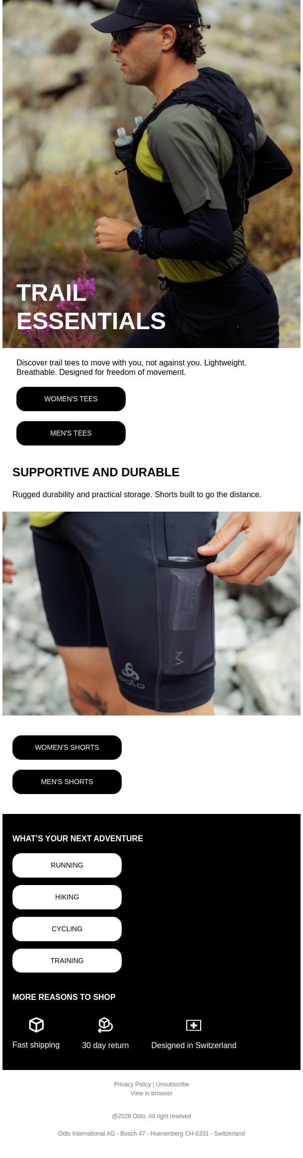 Tees & shorts for runs off the beaten path email from Odlo screenshot