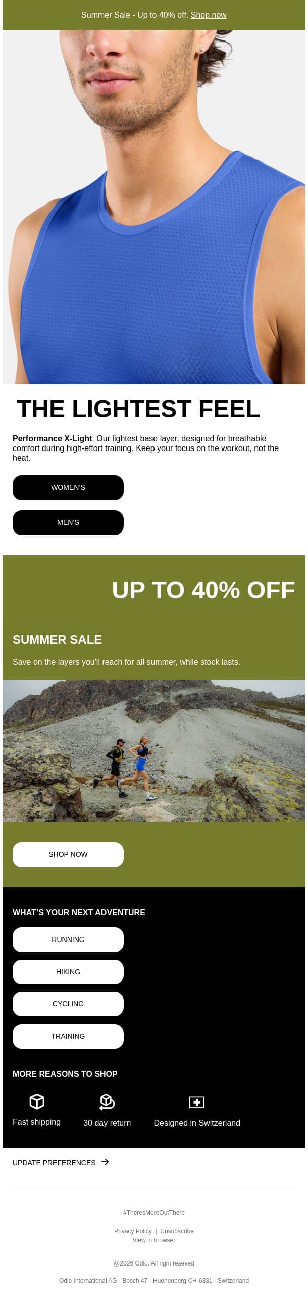 Layer light. Stay cool. email from Odlo screenshot