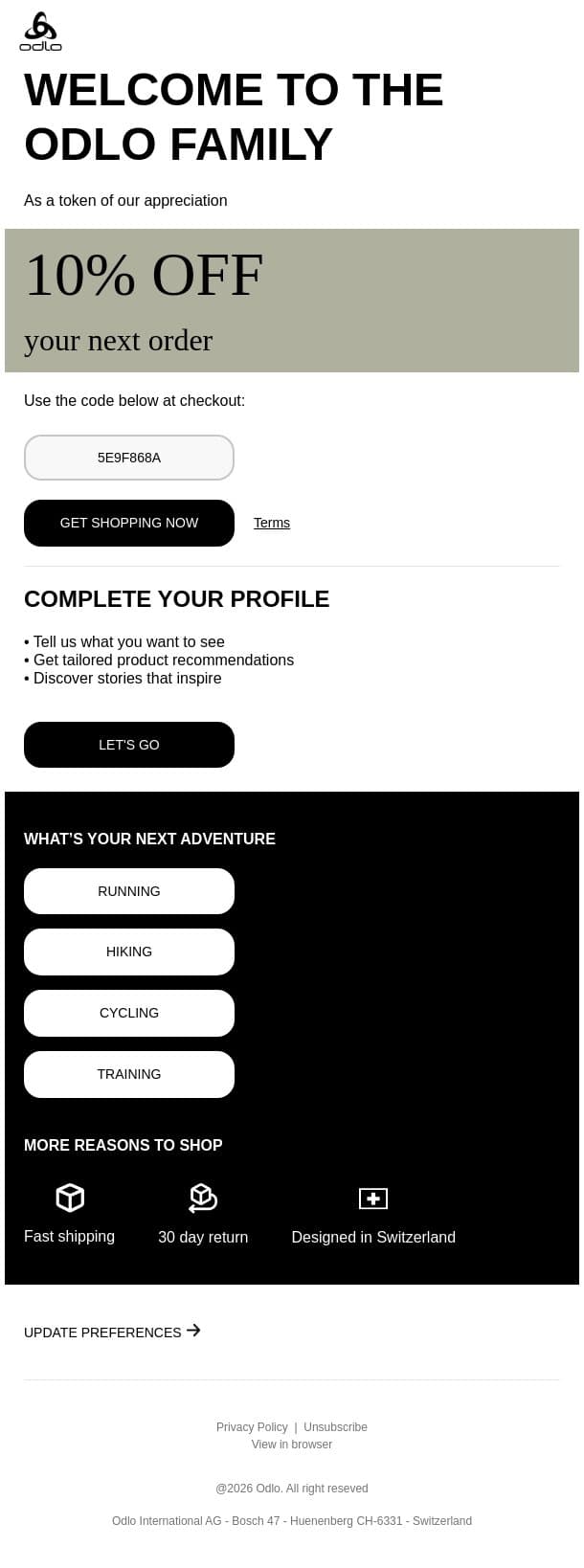 Welcome to Odlo! Your 10% Discount Awaits email from Odlo screenshot
