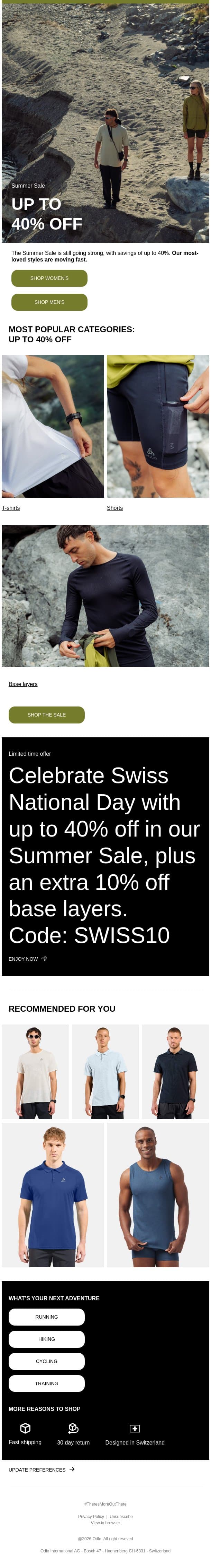 Up to 40% off summer favorites email from Odlo screenshot