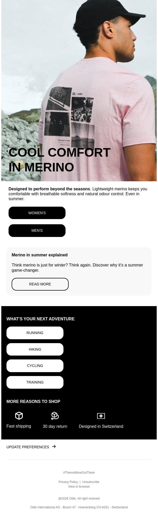 Rethink summer fabrics email from Odlo screenshot