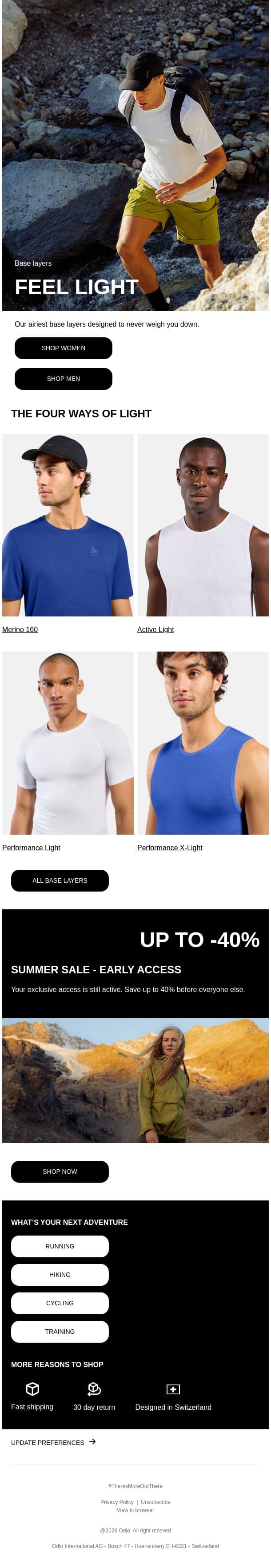 Summer heat. Light layers. email from Odlo screenshot