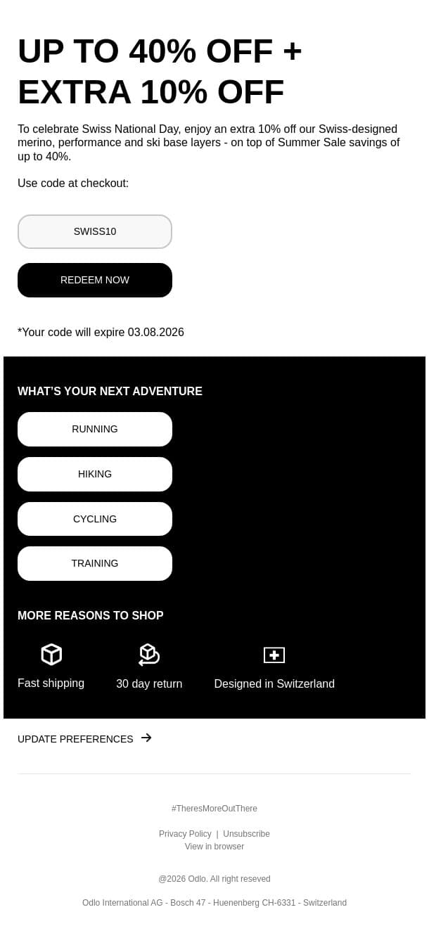 Up to -40%, plus an extra 10% off base layers. email from Odlo screenshot