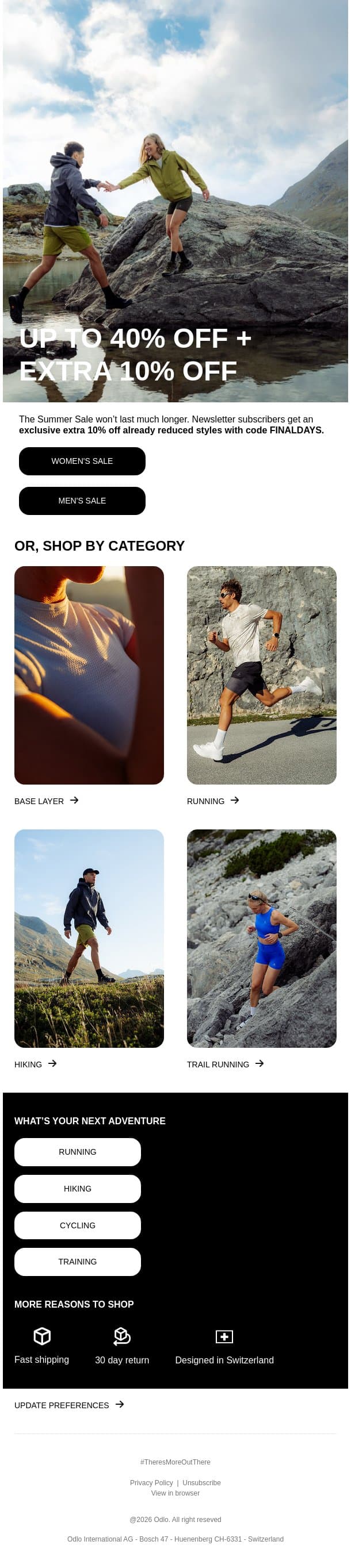 Summer sale ends soon. Up to 40% off , plus an extra 10% off email from Odlo screenshot