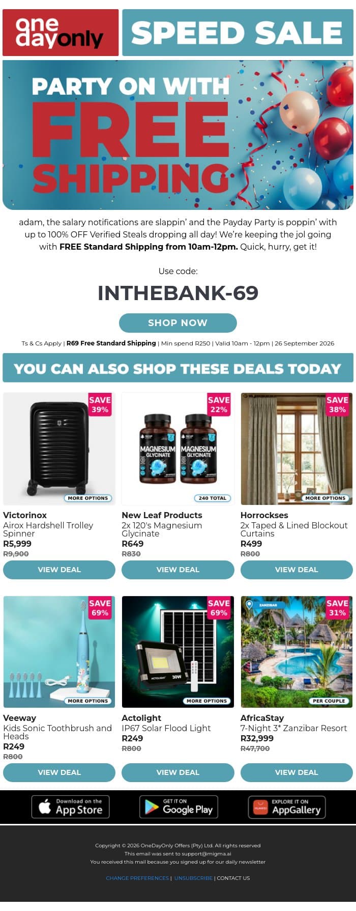Bank FREE Shipping until 12pm! 🚚 email from Odo screenshot