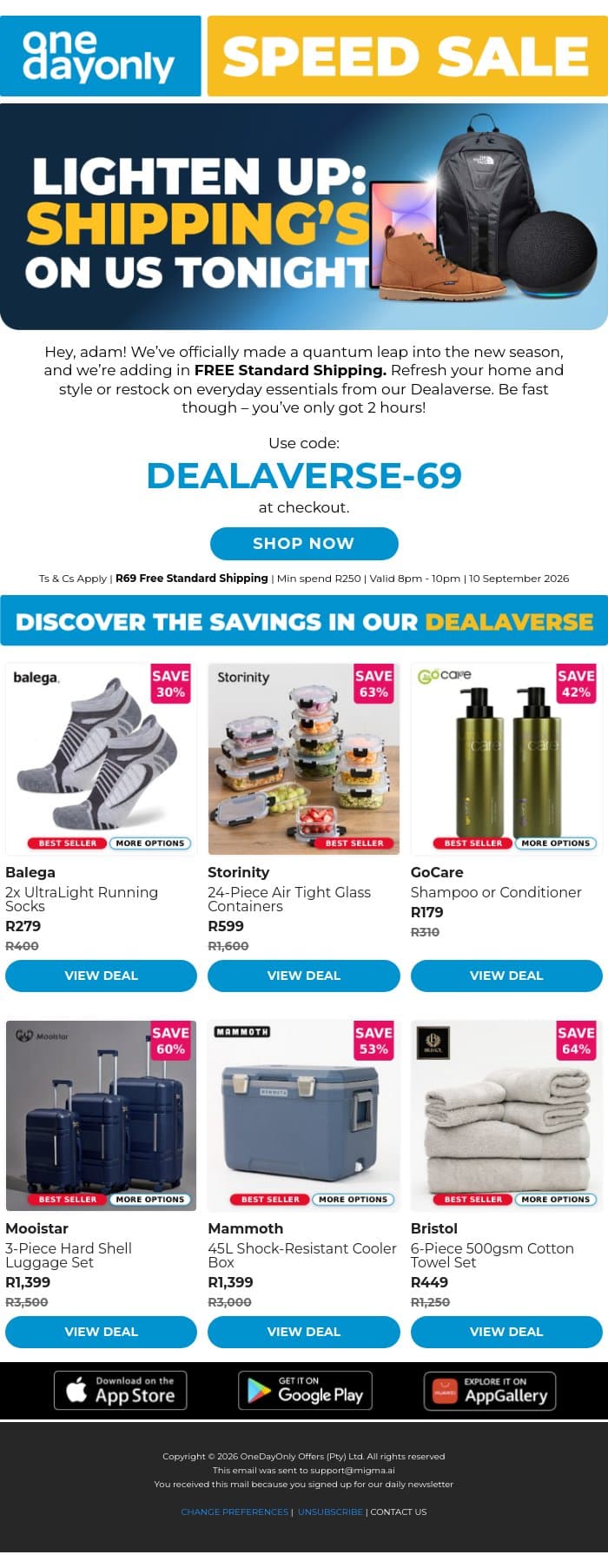 There’s FREE Shipping in the Dealaverse! 🤩 email from Odo screenshot
