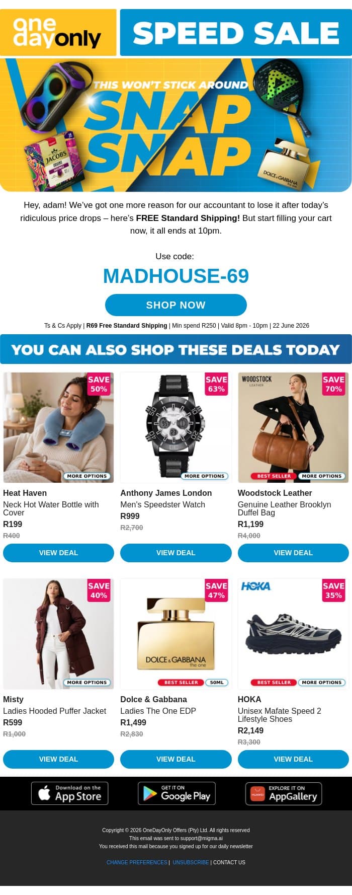Snap Savings + FREE Shipping Inside 🤯 email from Odo screenshot