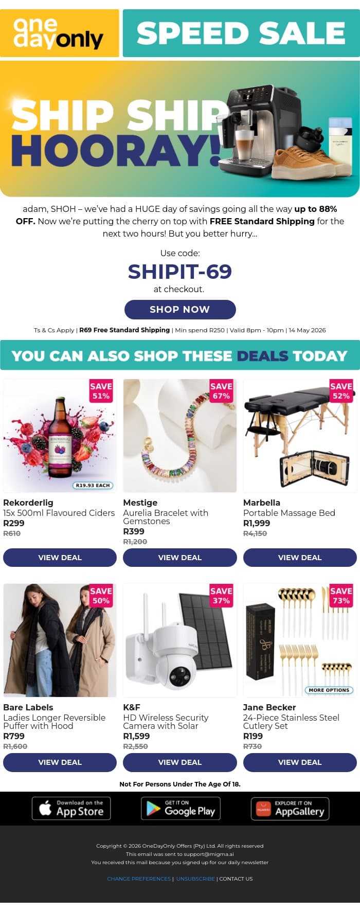 Oh ship, FREE shipping! 😲 email from Odo screenshot