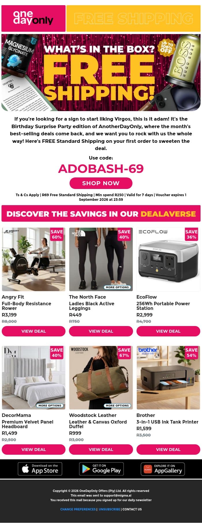 FREE Shipping joins the birthday jol! 🥳 email from Odo screenshot