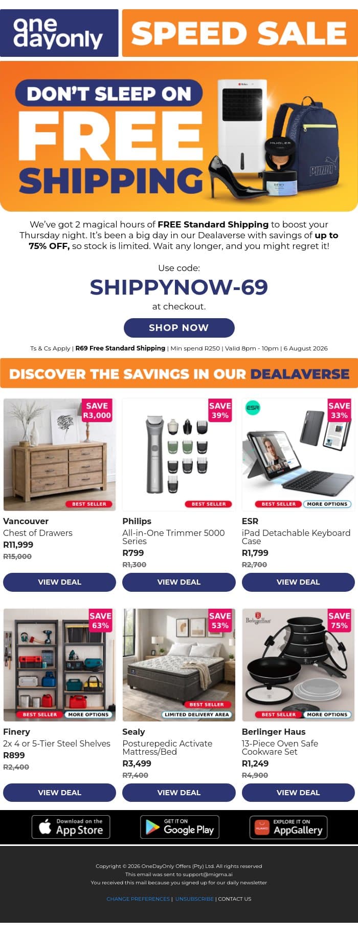 Here’s FREE Shipping, adam 😉 email from Odo screenshot