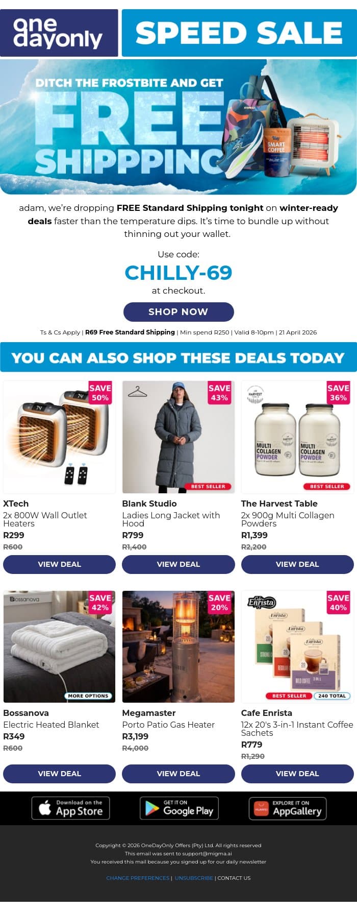 Cold outside, FREE Shipping inside ❄️ email from Odo screenshot