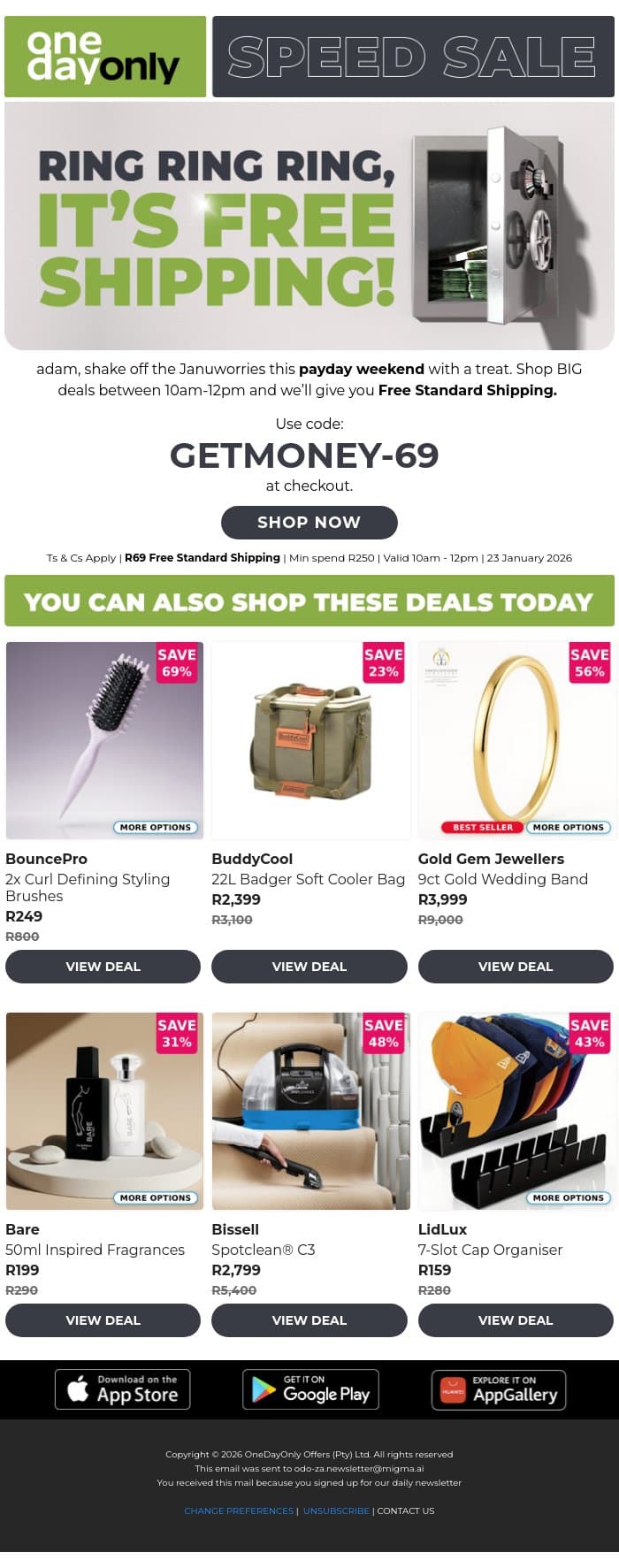 Payday weekend ​​= Free shipping 🎉 email from Odo screenshot