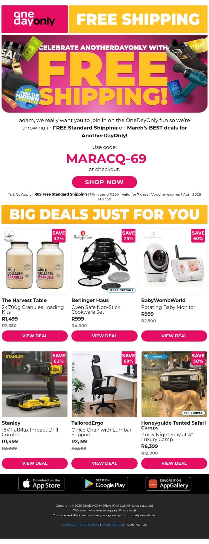 FREE shipping for AnotherDayOnly 🤩 email from Odo screenshot