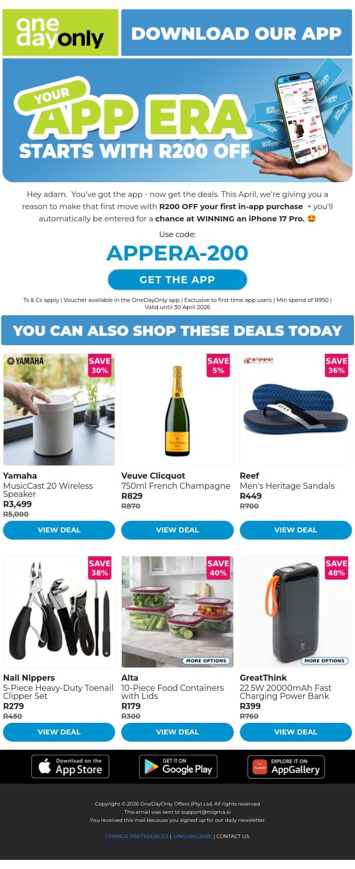R200 OFF Your First App Shop 💸 email from Odo screenshot