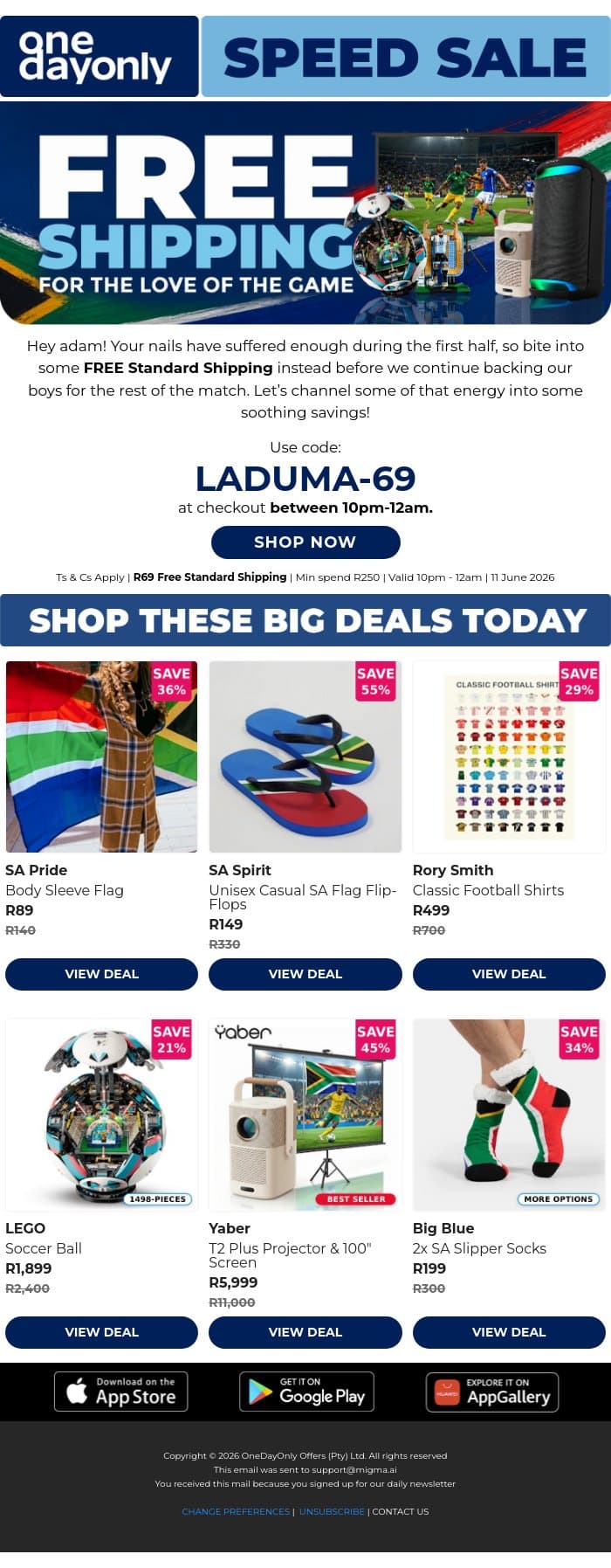 FREE Standard Shipping for halftime! 🇿🇦 ⚽ email from Odo screenshot