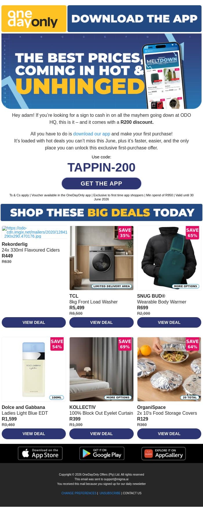 Will R200 OFF freeze your meltdown? 🥶 email from Odo screenshot