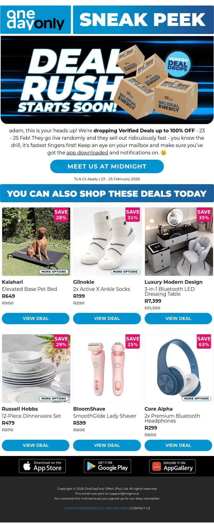 Deals up to 100% OFF are dropping… ⏳ email from Odo screenshot