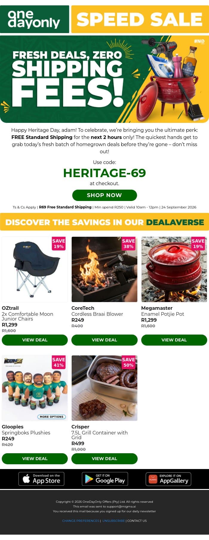FREE Shipping on Heritage Day? Ja, no, epic! 🇿🇦 email from Odo screenshot