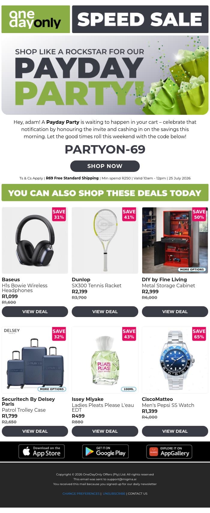 The party’s on with FREE Shipping! 🥳 email from Odo screenshot