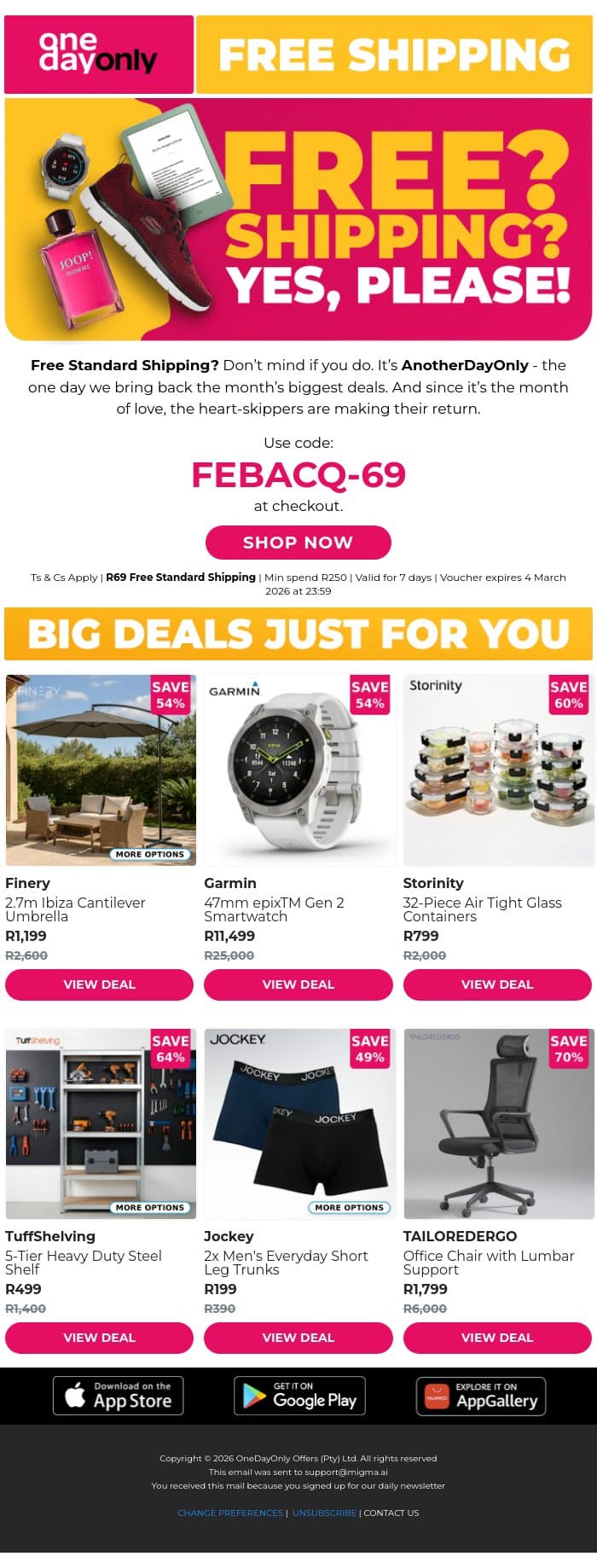 Let's start with FREE Shipping 😉 email from Odo screenshot