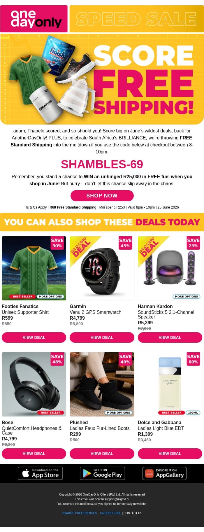 FREE Shipping? What a win! 🇿🇦 email from Odo screenshot