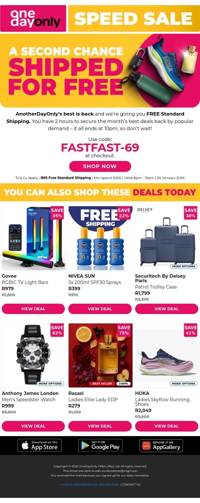 AnotherDayOnly Speed Sale Alert 🚨 email from Odo screenshot