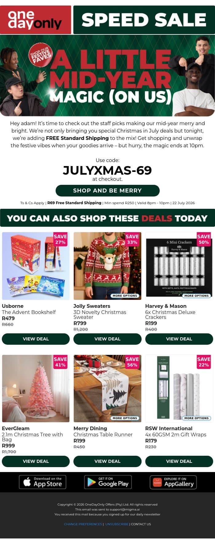 Ho-ho-hold the Standard Shipping fee! 🎄 email from Odo screenshot