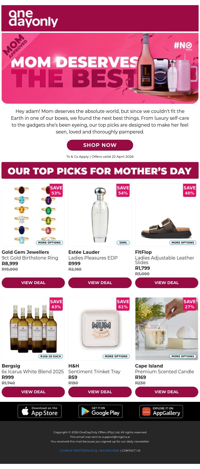 Our top picks for Mother’s Day 🏆 email from Odo screenshot