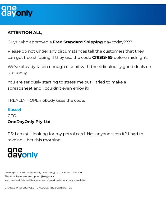 URGENT – FREE SHIPPING TODAY DO NOT LEAK email from Odo screenshot