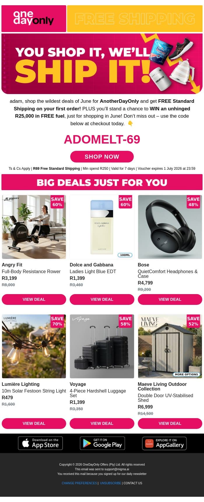 FREE Shipping + R25K in fuel? Wild! 😲 email from Odo screenshot